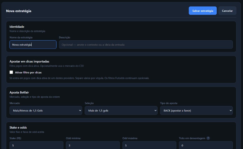 Tela de nova estratégia do OpenBot com mercado, stake e odds